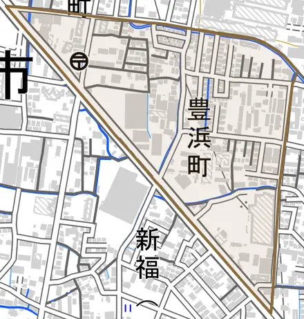 豊浜町とその周辺の地図。町の範囲を重ねている