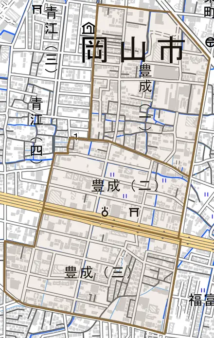 豊成とその周辺の地図。町の範囲を重ねている
