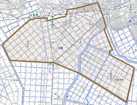 内尾とその周辺の地図。町の範囲を重ねている