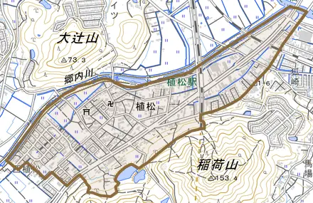 植松とその周辺の地図。町の範囲を重ねている