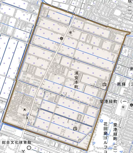 浦安本町とその周辺の地図。町の範囲を重ねている