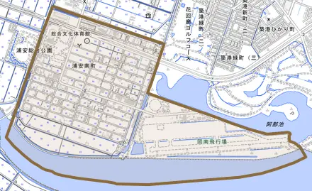 浦安南町とその周辺の地図。町の範囲を重ねている