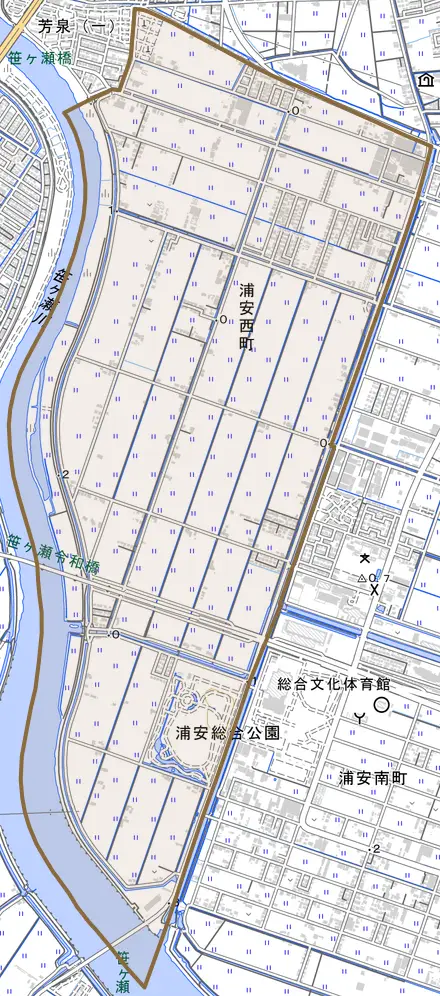 浦安西町とその周辺の地図。町の範囲を重ねている