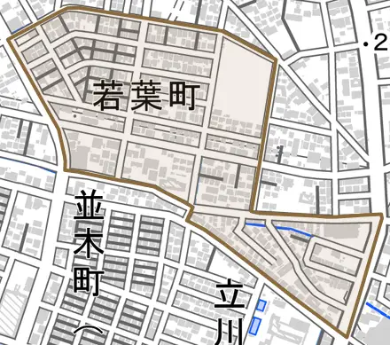 若葉町とその周辺の地図。町の範囲を重ねている