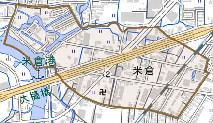米倉とその周辺の地図。町の範囲を重ねている
