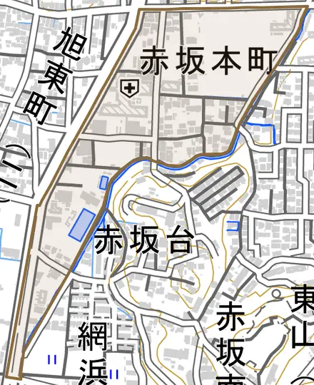 赤坂本町とその周辺の地図。町の範囲を重ねている
