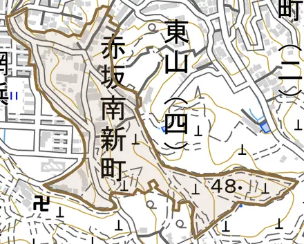 赤坂南新町とその周辺の地図。町の範囲を重ねている