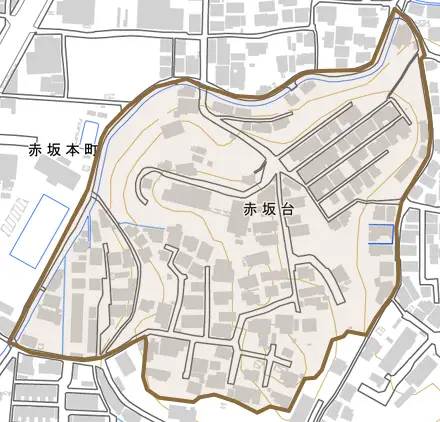 赤坂台とその周辺の地図。町の範囲を重ねている