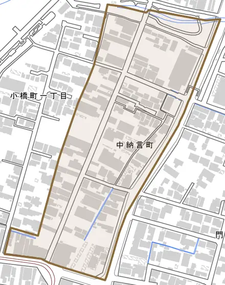 中納言町とその周辺の地図。町の範囲を重ねている
