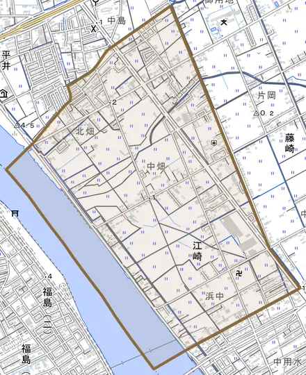 江崎とその周辺の地図。町の範囲を重ねている