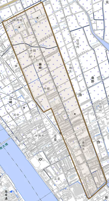 藤崎とその周辺の地図。町の範囲を重ねている