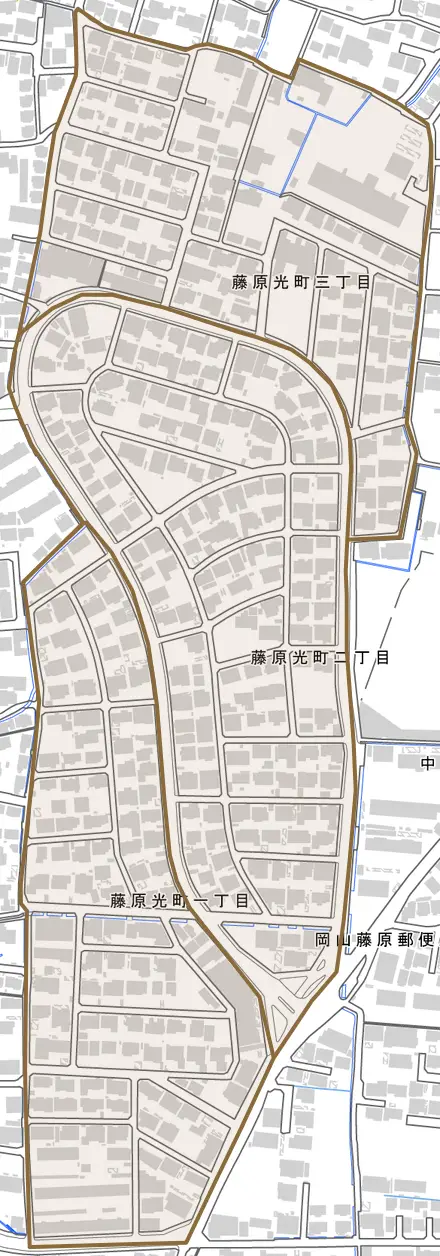 藤原光町とその周辺の地図。町の範囲を重ねている