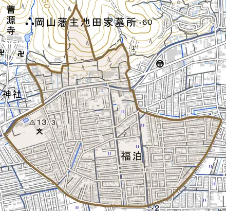 福泊とその周辺の地図。町の範囲を重ねている
