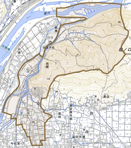 祇園とその周辺の地図。町の範囲を重ねている