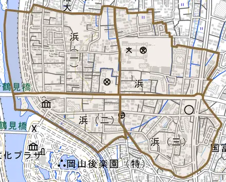 浜とその周辺の地図。町の範囲を重ねている