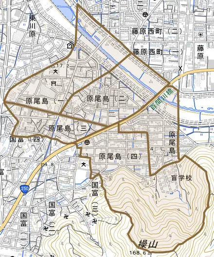 原尾島とその周辺の地図。町の範囲を重ねている