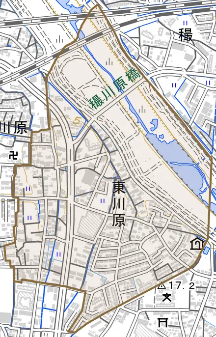 東川原とその周辺の地図。町の範囲を重ねている