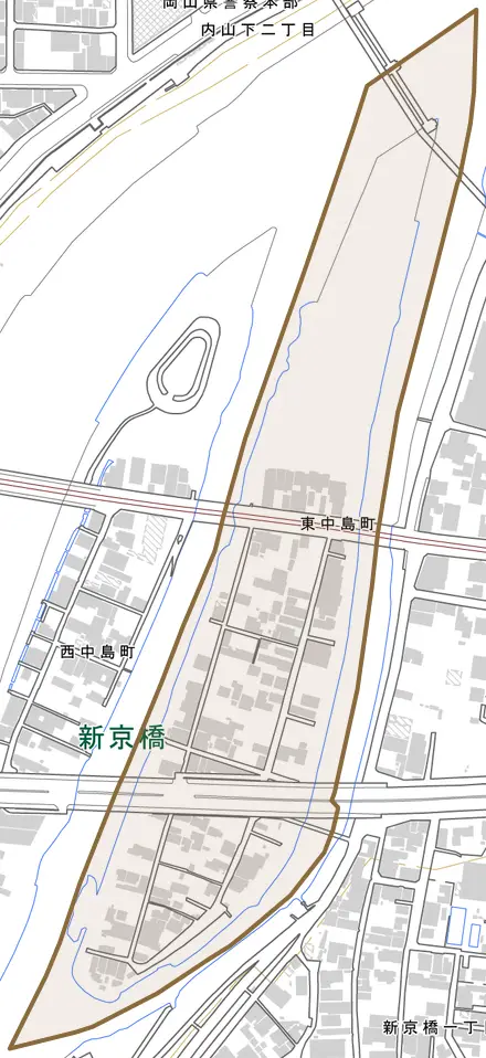 東中島町とその周辺の地図。町の範囲を重ねている