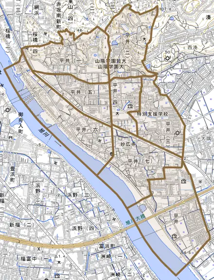 平井とその周辺の地図。町の範囲を重ねている
