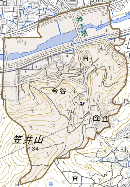 今谷とその周辺の地図。町の範囲を重ねている