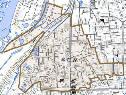 今在家とその周辺の地図。町の範囲を重ねている