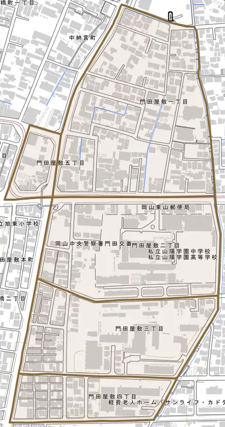 門田屋敷とその周辺の地図。町の範囲を重ねている