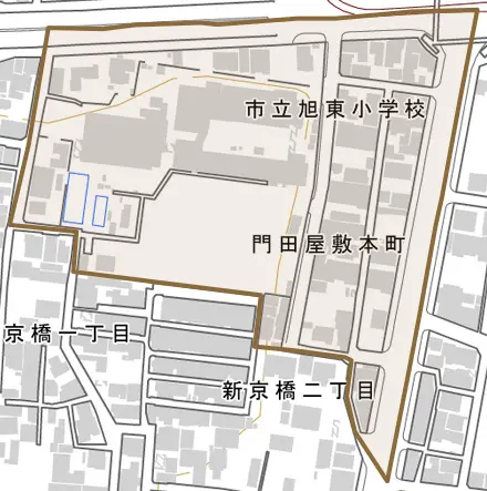 門田屋敷本町とその周辺の地図。町の範囲を重ねている