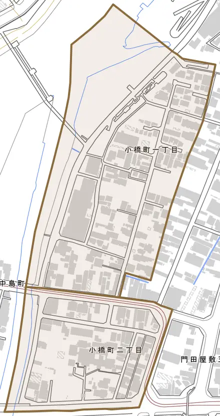 小橋町とその周辺の地図。町の範囲を重ねている