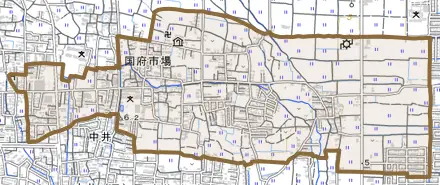 国府市場とその周辺の地図。町の範囲を重ねている