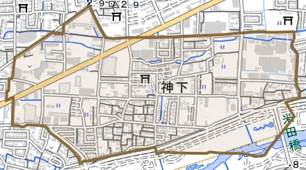 神下とその周辺の地図。町の範囲を重ねている