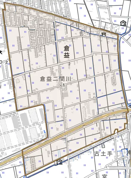 倉益とその周辺の地図。町の範囲を重ねている