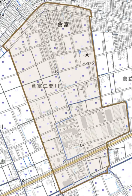 倉富とその周辺の地図。町の範囲を重ねている