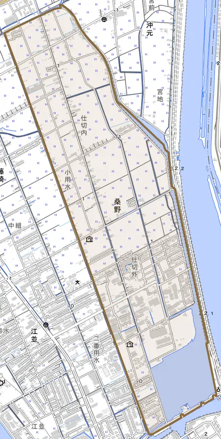 桑野とその周辺の地図。町の範囲を重ねている