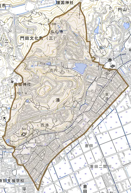 湊とその周辺の地図。町の範囲を重ねている