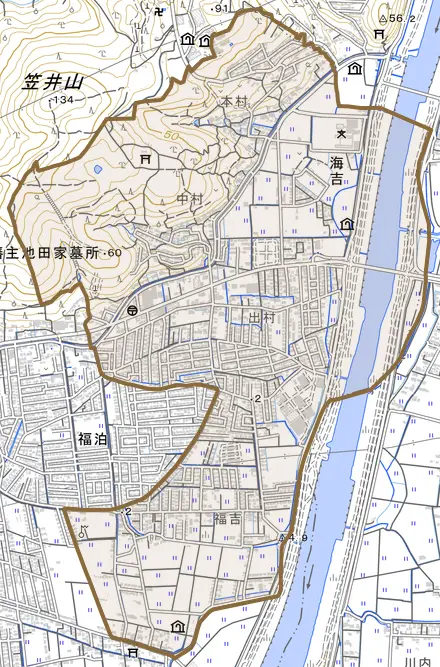 海吉とその周辺の地図。町の範囲を重ねている