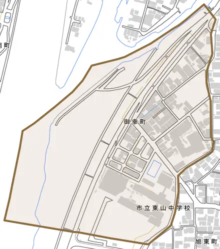 御幸町とその周辺の地図。町の範囲を重ねている
