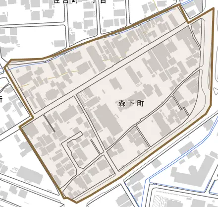 森下町とその周辺の地図。町の範囲を重ねている