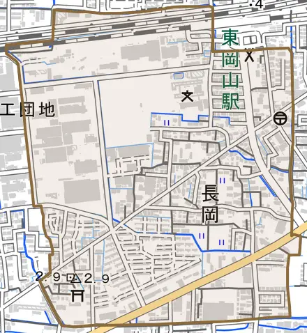 長岡とその周辺の地図。町の範囲を重ねている