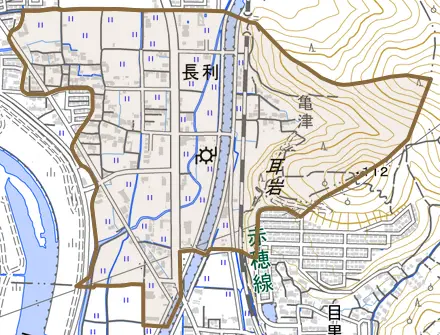 長利とその周辺の地図。町の範囲を重ねている