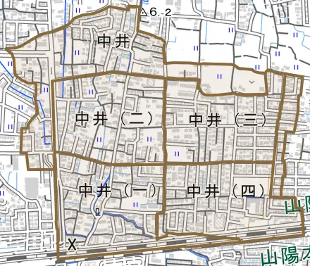 中井とその周辺の地図。町の範囲を重ねている