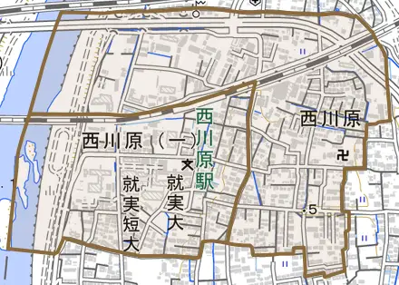 西川原とその周辺の地図。町の範囲を重ねている