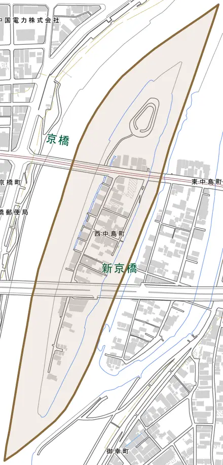 西中島町とその周辺の地図。町の範囲を重ねている