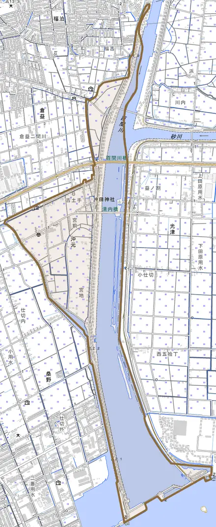 沖元とその周辺の地図。町の範囲を重ねている