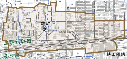 雄町とその周辺の地図。町の範囲を重ねている