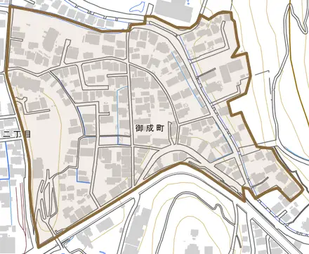御成町とその周辺の地図。町の範囲を重ねている