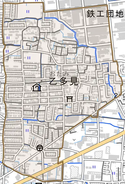 乙多見とその周辺の地図。町の範囲を重ねている