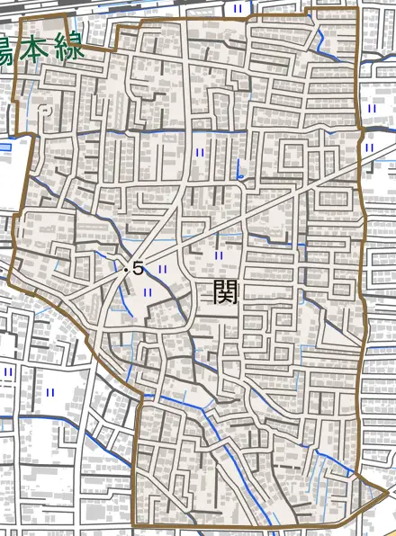 関とその周辺の地図。町の範囲を重ねている