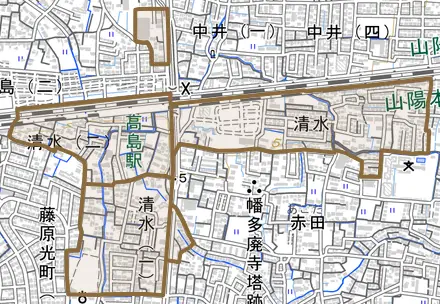 清水とその周辺の地図。町の範囲を重ねている