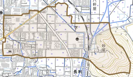 下とその周辺の地図。町の範囲を重ねている