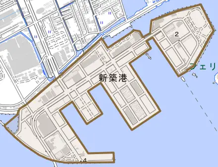新築港とその周辺の地図。町の範囲を重ねている